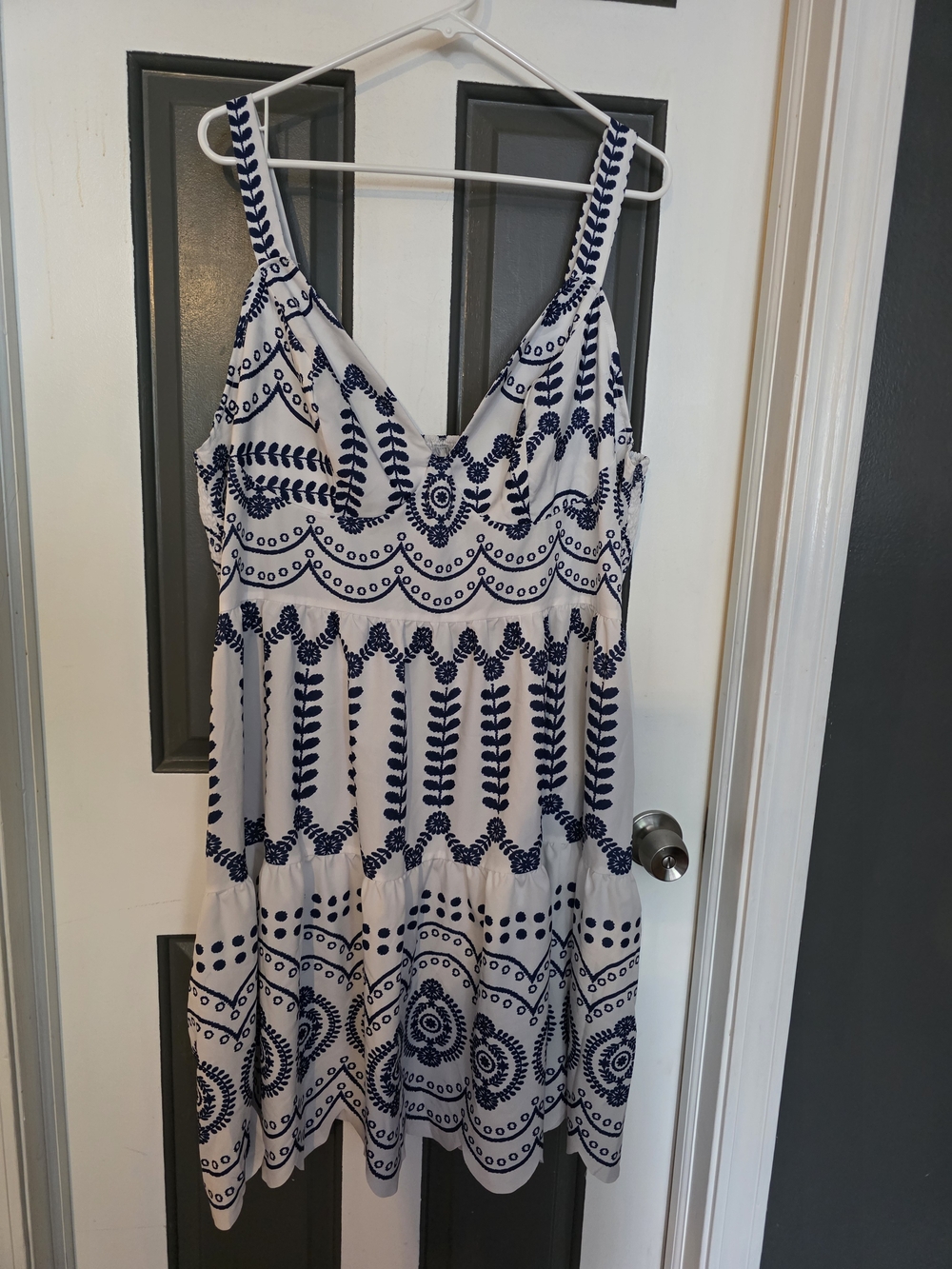 SHEIN White Midi Dress with Navy Blue Embroidered Pattern